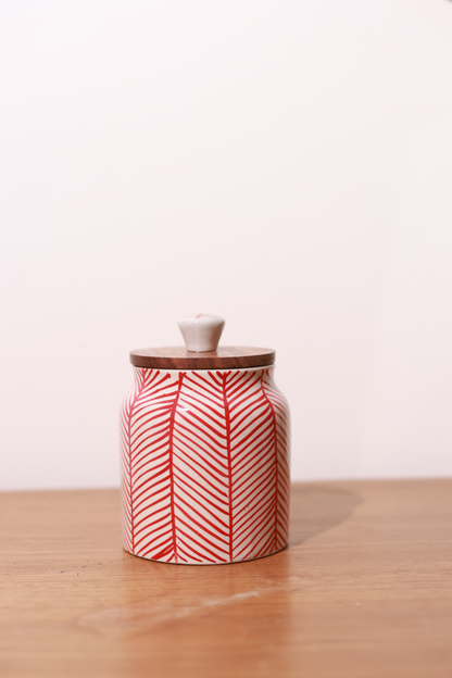 Hand Painted Chevron Airtight Jar with wooden lid (Red)