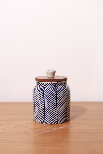 Hand Painted Chevron Airtight Jar with wooden lid (Dark Blue)