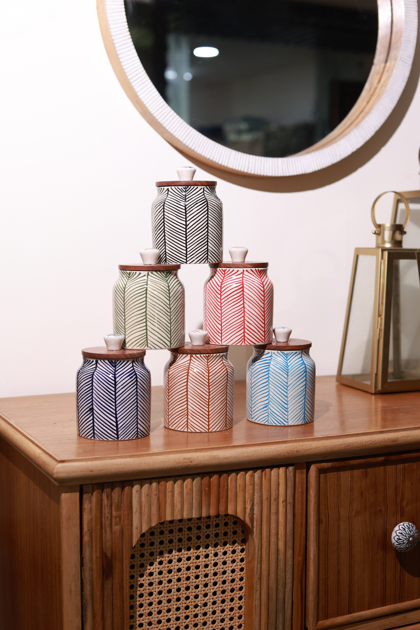 Hand Painted Chevron Airtight Jars with wooden lid (Combo of 6)