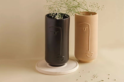 Line Art Ceramic Face Vase Beige