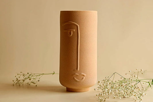 Line Art Ceramic Face Vase Beige