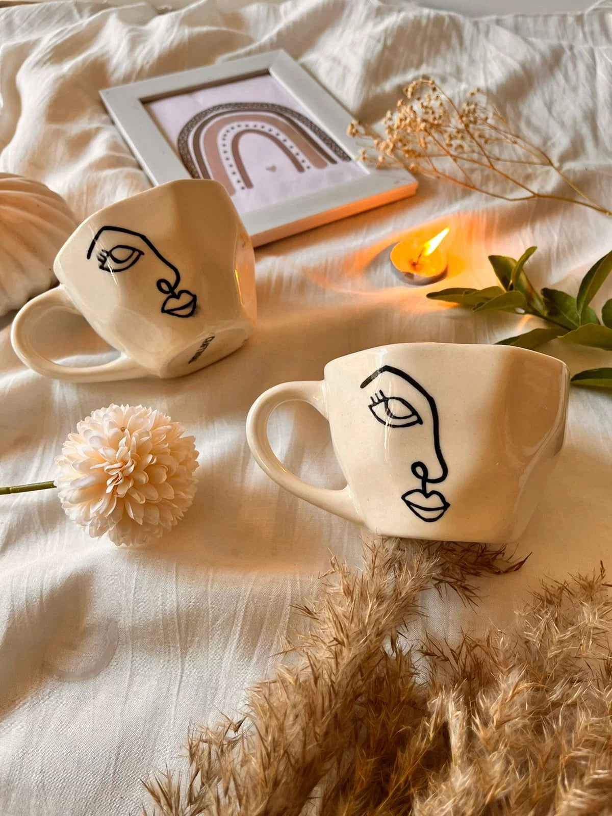Hand Painted Bohemian Cups- Face Line Art